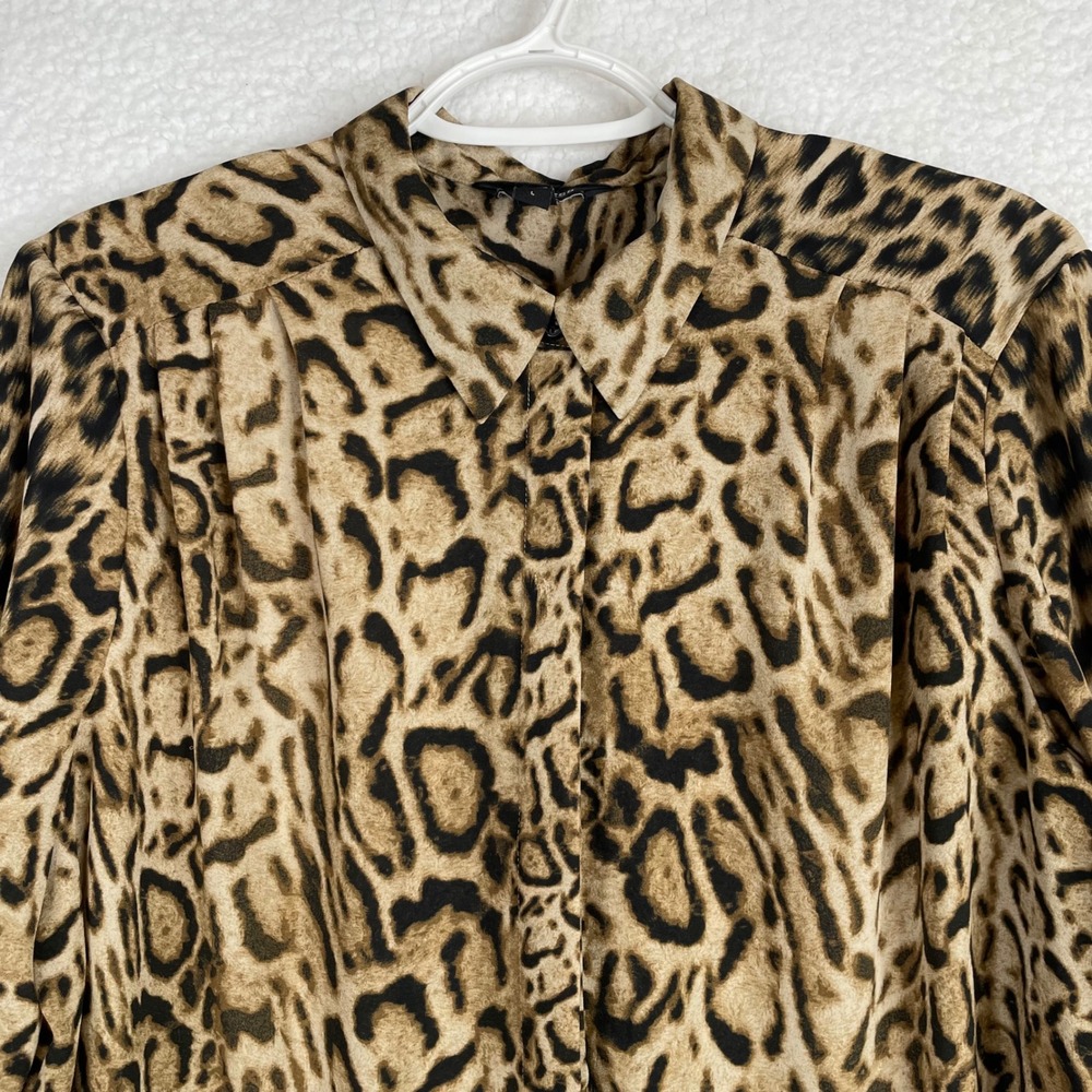 Express Womens Leopard Print Longline Button Down Tunic Shirt Brown Black Large